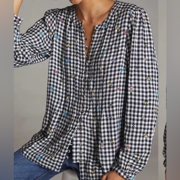 Pilcro by Anthropologie Embroidered Long Sleeve Gingham Button Down Blou… - Picture 1 of 11